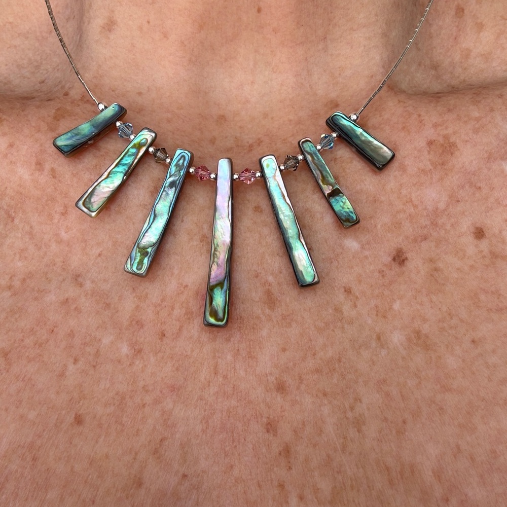Silver 925 Abalone Shell (Green,Blue,Pink) Bar Necklace with Swarovski Crystals.
